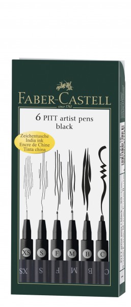6er Etui Schwarz | PITT Artist Pen Tuschestift | Faber Castell